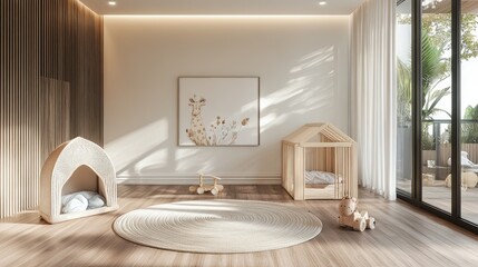 Ggumbi playpen in neutral tones on hardwood floor, perfect for modern homes