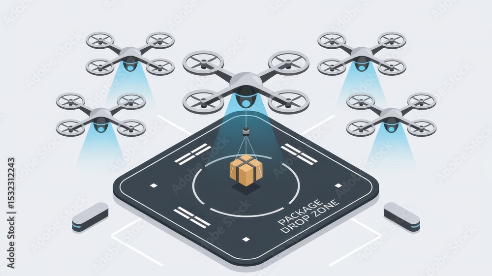 Poster multiple delivery drones are hovering above a designated drop zone, preparing to deliver packages us