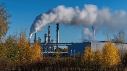 Isolated chemical facility with heavy smoke cloud