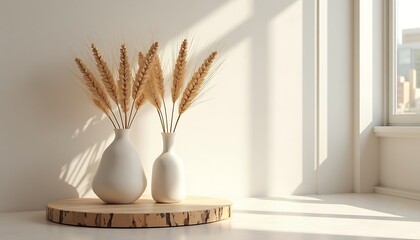 Wheat stalks in vases on wooden pedestal against light wall backdrop