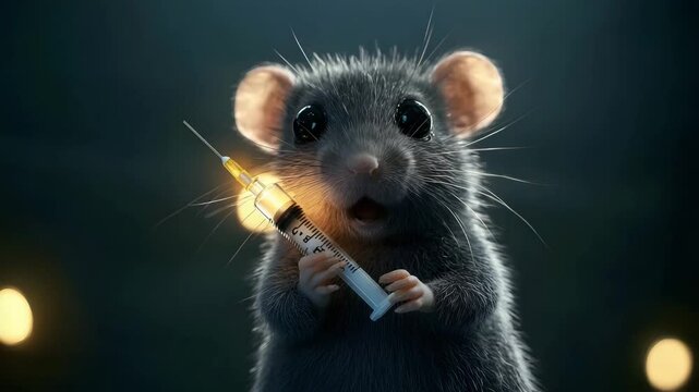Cute gray rodent mouse with small whiskers holding syringe for injection in dark setting with glowing lights creating curious and playful mood
