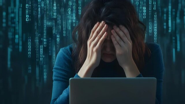 Woman stressed with hands on face in front of laptop and computer, showing frustration, anxiety, and fatigue in digital technology environment