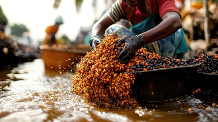 Palm oil extraction process with seeds, pulp, and oil