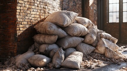 Pile of ammonium nitrate sacks in abandoned factory