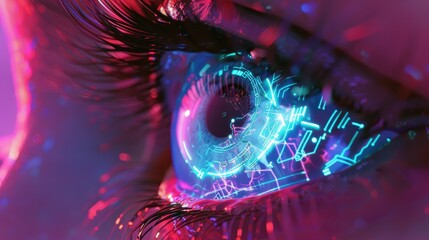 Futuristic digital eye with neon circuits and holographic interface representing artificial intelligence and cyberpunk technology