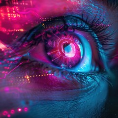 Futuristic digital eye with neon circuits and holographic interface representing artificial intelligence and cyberpunk technology