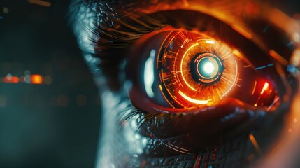 Futuristic digital eye with neon circuits and holographic interface representing artificial intelligence and cyberpunk technology