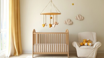 Side view of a crib with a mobile hanging above and Cushoion placed for a cozy nap zone