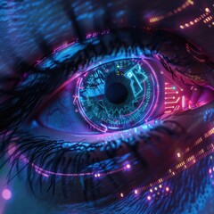 Futuristic digital eye with neon circuits and holographic interface representing artificial intelligence and cyberpunk technology