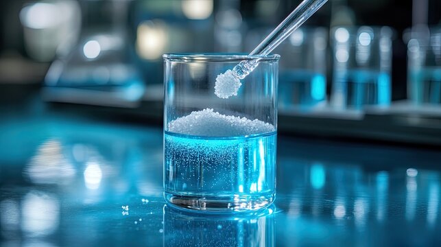 Stirring rod dissolving salt in a laboratory glass beaker