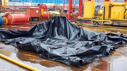 Torn industrial tarp over chemical bags post-explosion