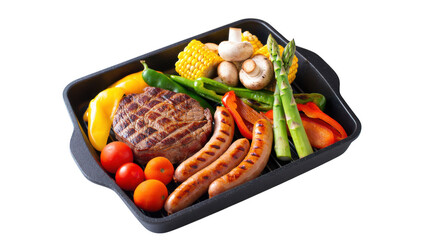 Delicious Grilled Platter A Vibrant Mix of Steak, Sausages, and Fresh Vegetables Ready to Serve