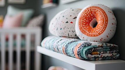 White nursery shelf featuring a Hopo pillow folded neatly beside baby blankets