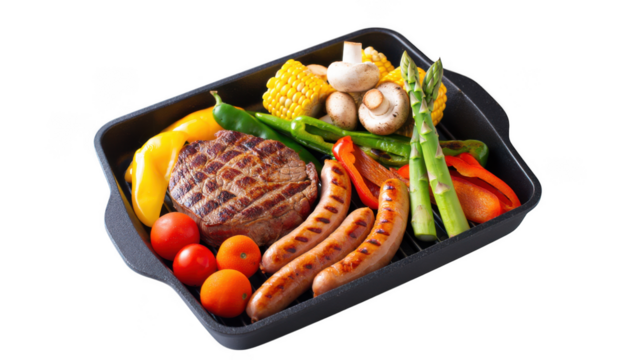 Delicious Grilled Platter A Vibrant Mix of Steak, Sausages, and Fresh Vegetables Ready to Serve