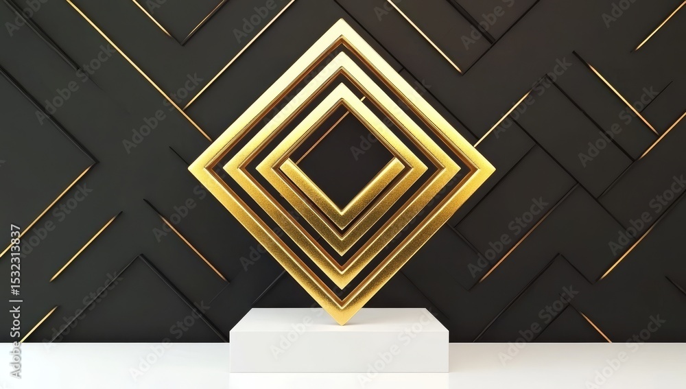Fototapete featuring an abstract design with white cobblestone blocks and a golden square frame, the modern sho