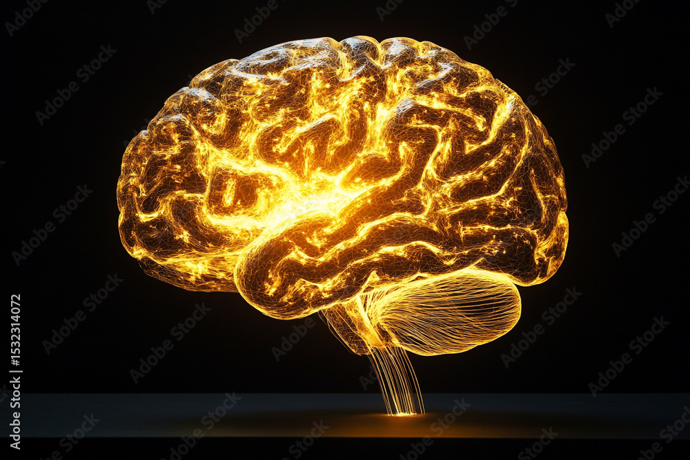 Poster glowing golden brain neural network abstract art science technology