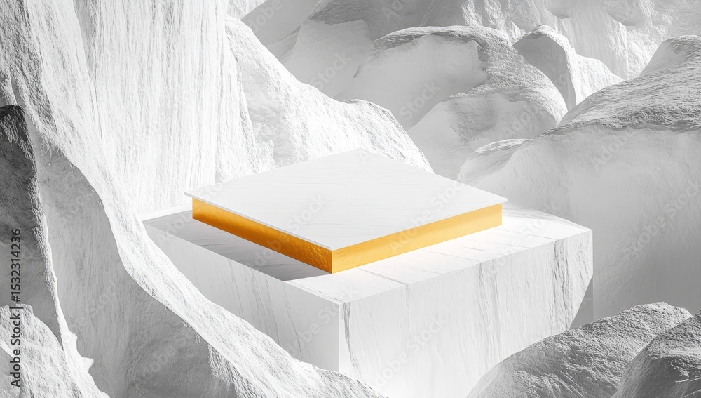 Fototapete an abstract render with white cobblestone blocks and a golden square frame sets the scene for a mode