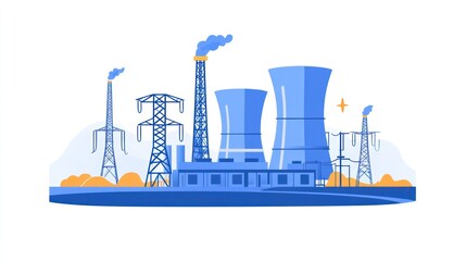 Illustration of a stylized blue nuclear power plant with cooling towers & power lines