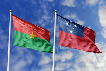 A Burkina Faso and Samoa flag, a metaphor for Pacific-African unity, wave together against a blue sky, symbolizing friendship and cultural exchange.