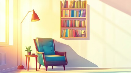 Cozy armchair sits near window, bathed in sunlight, with a bookshelf on the wall