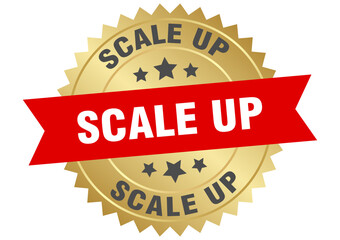 scale up. scale up round red and gold label isolated on transparent background