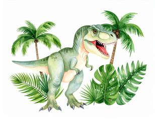 Naklejka premium tyrannosaurus rex dinosaur in tropical leaves watercolor illustration isolated on a white background