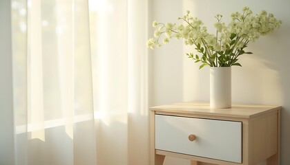 White flowers in vase on wooden bedside table by curtained window.