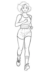 This line art sketch features an athletic girl jogging, embodying a healthy lifestyle. The female runner wears workout clothes with a smiling, energetic expression.