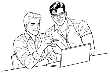 Black and white line art illustration depicts two smiling men collaborating on a laptop. One man points to the screen, suggesting discussion or instruction, while the other listens attentively.