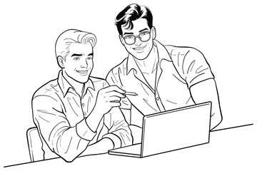 Black and white line art illustration depicts two smiling men collaborating on a laptop. One man points to the screen, suggesting discussion or instruction, while the other listens attentively.