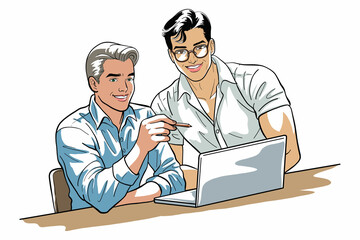 Color illustration depicts two smiling men collaborating on a laptop. One man points to the screen, suggesting discussion or instruction, while the other listens attentively.