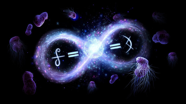 Glowing DNA strand forms a universal equation with floating life forms, symbolizing the unity of biological theory