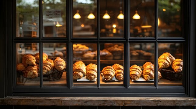 Golden croissants displayed in a bakery window.
