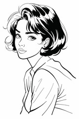A captivating black and white portrait beautiful woman with short, dark hair looking back over her shoulder. This elegant illustration ideas for beauty, fashion, and character design