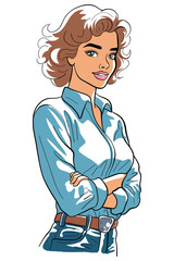 Confident elegant woman with classic curly short hair is depicted in color illustration. With her arms crossed and a charming smile, this half-body portrait conveys a professional