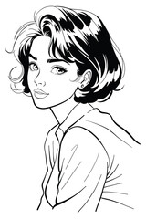 A captivating black and white portrait beautiful woman with short, dark hair looking back over her shoulder. This elegant illustration ideas for beauty, fashion, and character design