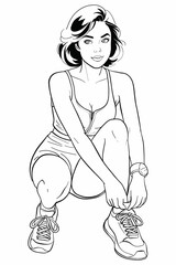 Sportswoman in casual sportswear is captured in a dynamic illustration, tying her shoelaces. This black and white line art embodies fitness, healthy lifestyle, and readiness for workout.