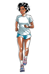 full-body cartoon sportswoman jogging. Dressed in casual sportswear, embodies fitness, healthy lifestyle, and active movement. Ideal for exercise, workout, and running-themed content