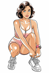 Sportswoman in pink and white sportswear is captured in a dynamic illustration, tying her shoelaces. This colorful cartoon embodies fitness, healthy lifestyle, and readiness for workout.