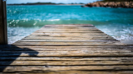 Wooden dock stretching into turquoise waters, serene beach backdrop. Tranquil escape into nature's beauty.
