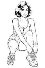 Sportswoman in casual sportswear is captured in a dynamic illustration, tying her shoelaces. This black and white line art embodies fitness, healthy lifestyle, and readiness for workout.