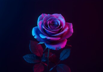 Blooming Rose Flower with Vibrant Neon Lighting on Dark Background