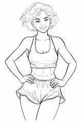 Confident woman line art illustration, showcasing a strong, healthy body with visible abs. Perfect vector outline drawing for fitness, exercise, and sporty lifestyle content. Ideal for health, workout