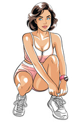 Sportswoman in pink and white sportswear is captured in a dynamic illustration, tying her shoelaces. This colorful cartoon embodies fitness, healthy lifestyle, and readiness for workout.