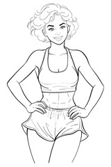 Confident woman line art illustration, showcasing a strong, healthy body with visible abs. Perfect vector outline drawing for fitness, exercise, and sporty lifestyle content. Ideal for health, workout