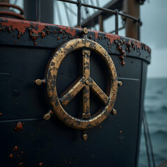 Naklejka premium Rusty Peace Symbol on Boat's Hull by Sea
