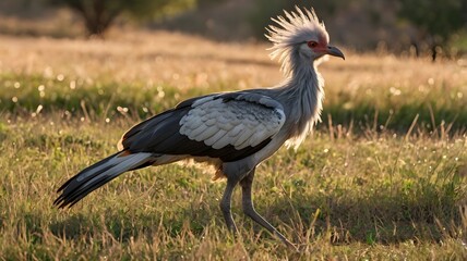 Naklejka premium Secretary Bird Walking Through Sunny Grassland