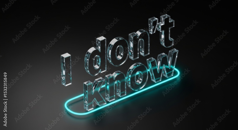 Poster i don't know phrase in transparent 3d letters with teal neon outline on dark background. modern desi