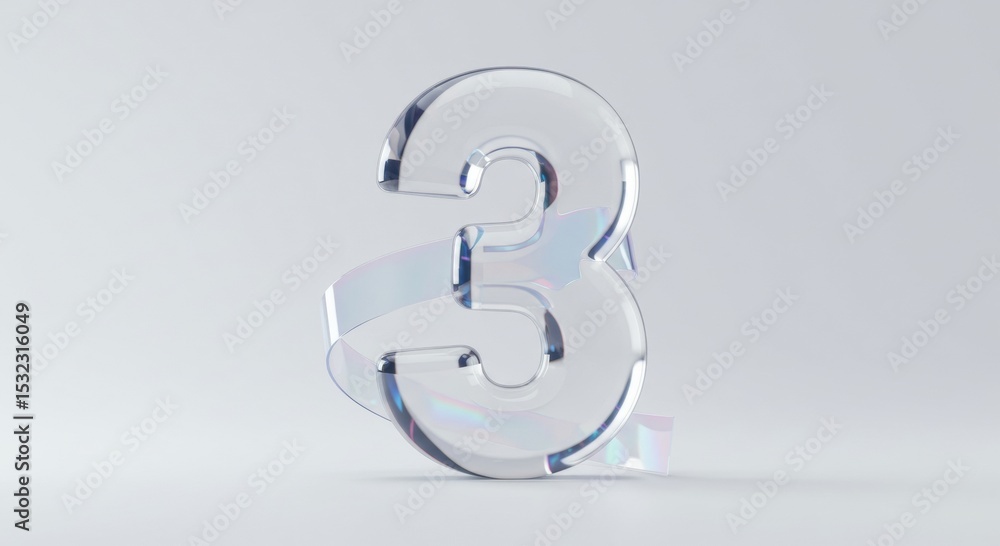 Aufkleber glass number three with iridescent ribbon in a studio setting. abstract design element with soft lig