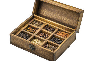 Assorted spices in wooden box herbs seasonings culinary ingredients cooking flavors aromatic spices collection isolated on transparent background